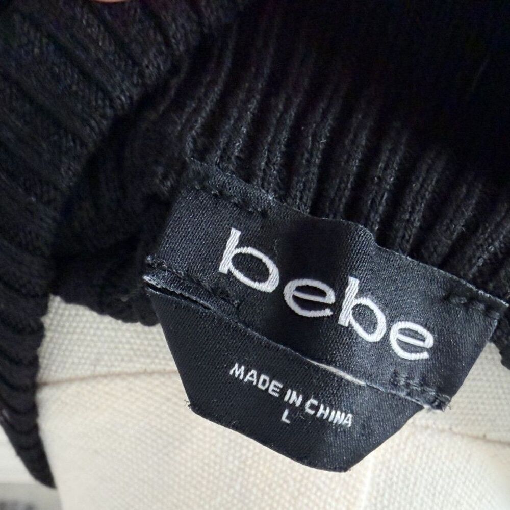 bebe Black Ribbed Mock Neck Sweater Rhinestone Logo Size L - Picture 6 of 6